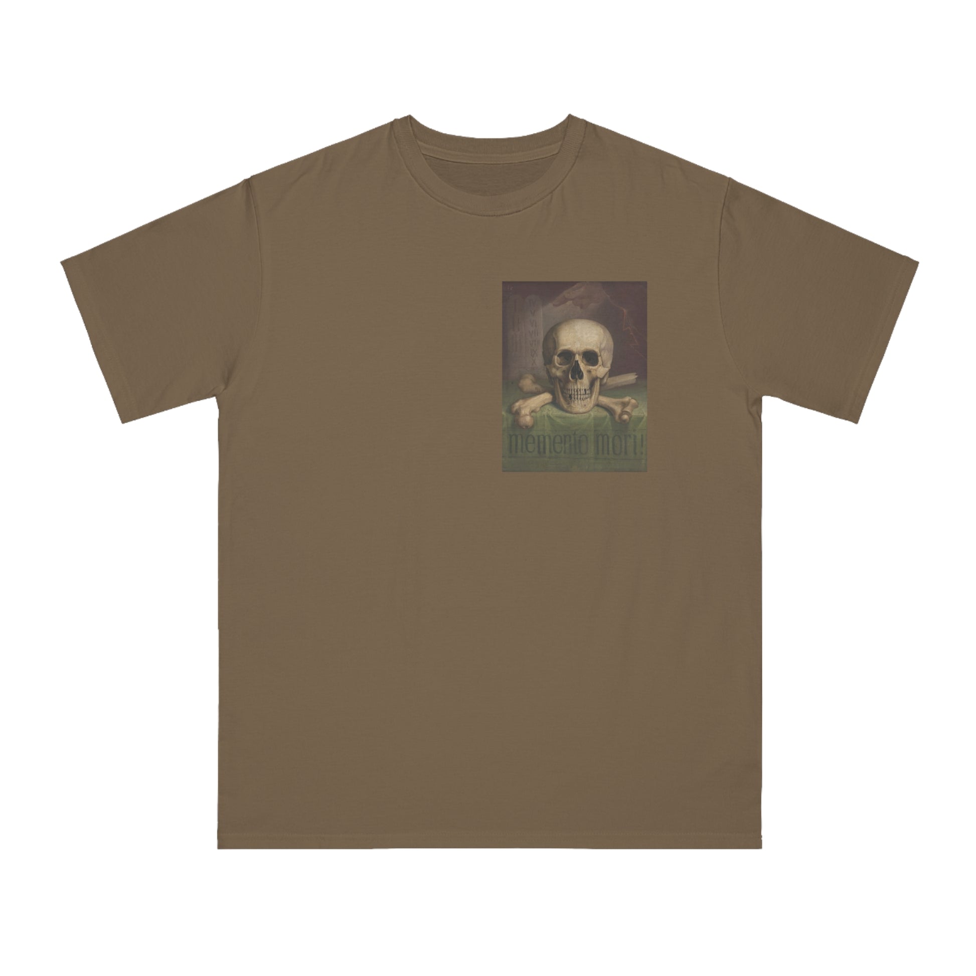 a brown t - shirt with a picture of a skeleton