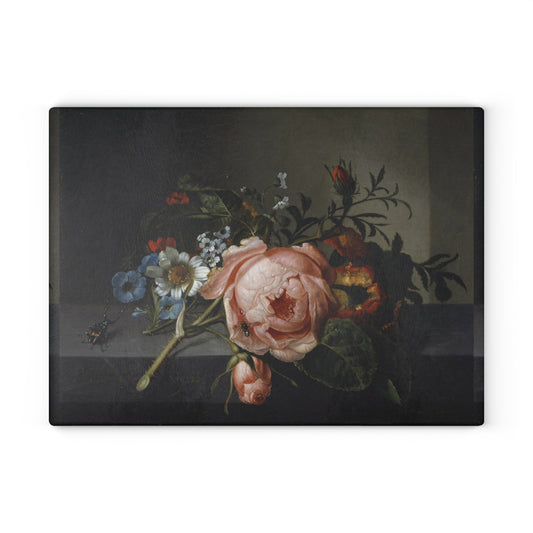 RACHEL RUYSCH - STILL LIFE WITH ROSE BRANCH, BEETLE AND BEE - ART GLASS CUTTING BOARD