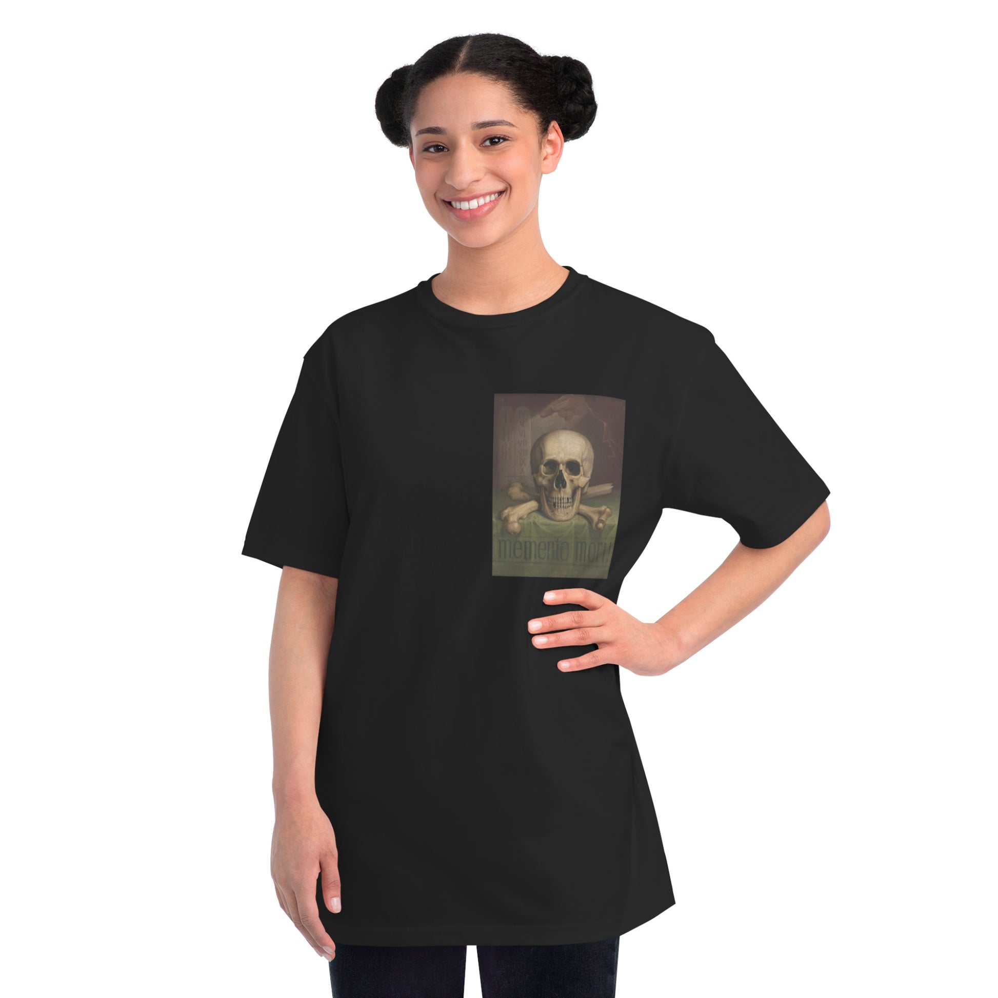 a woman wearing a black t - shirt with a picture of a skeleton on it