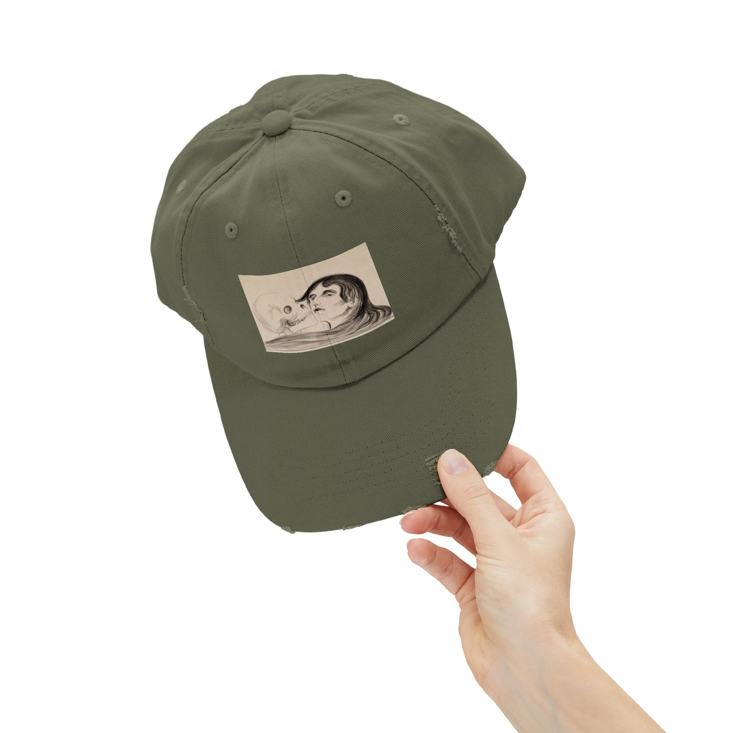 a green hat with a picture of a man's face on it