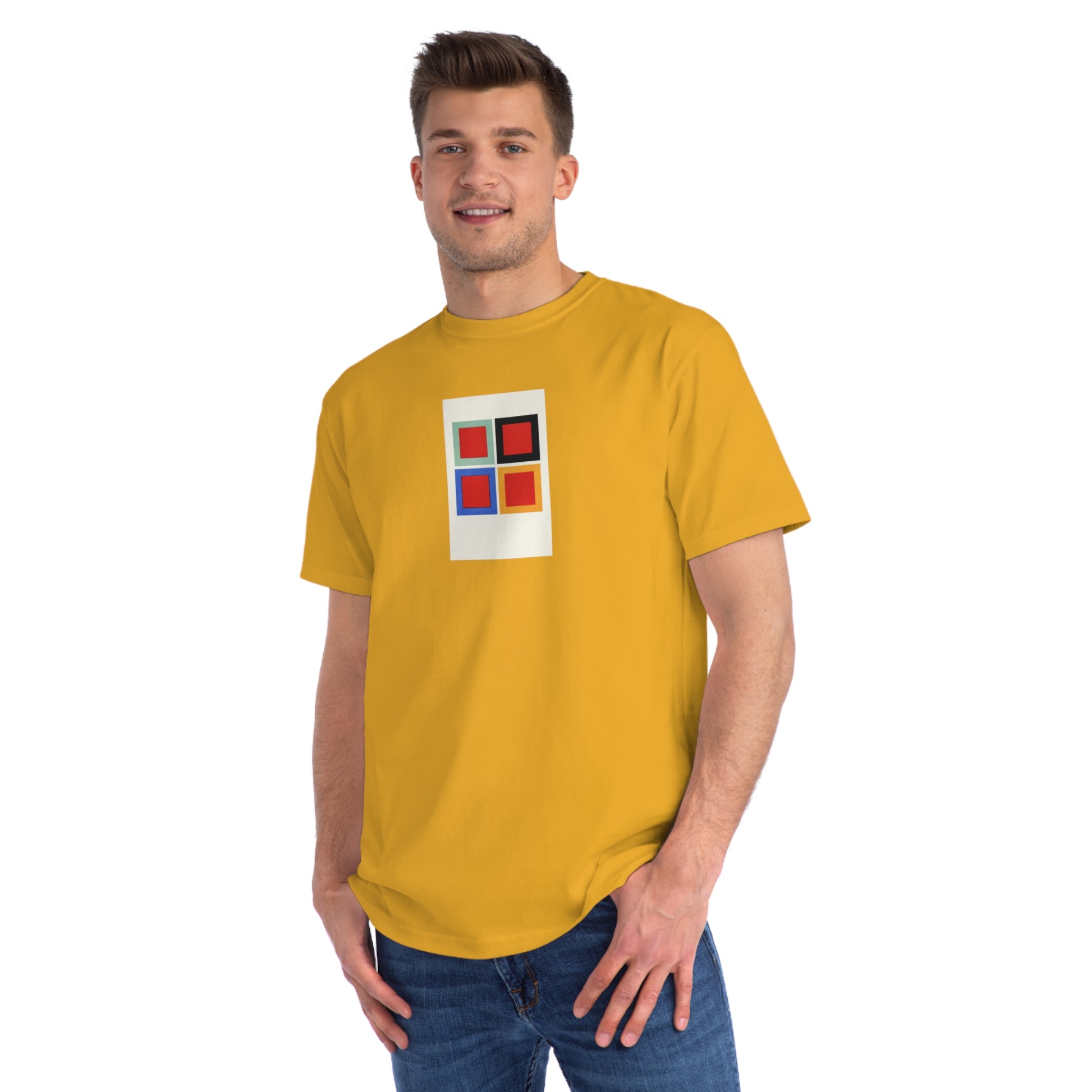 a man wearing a yellow t - shirt with a red, blue, and yellow
