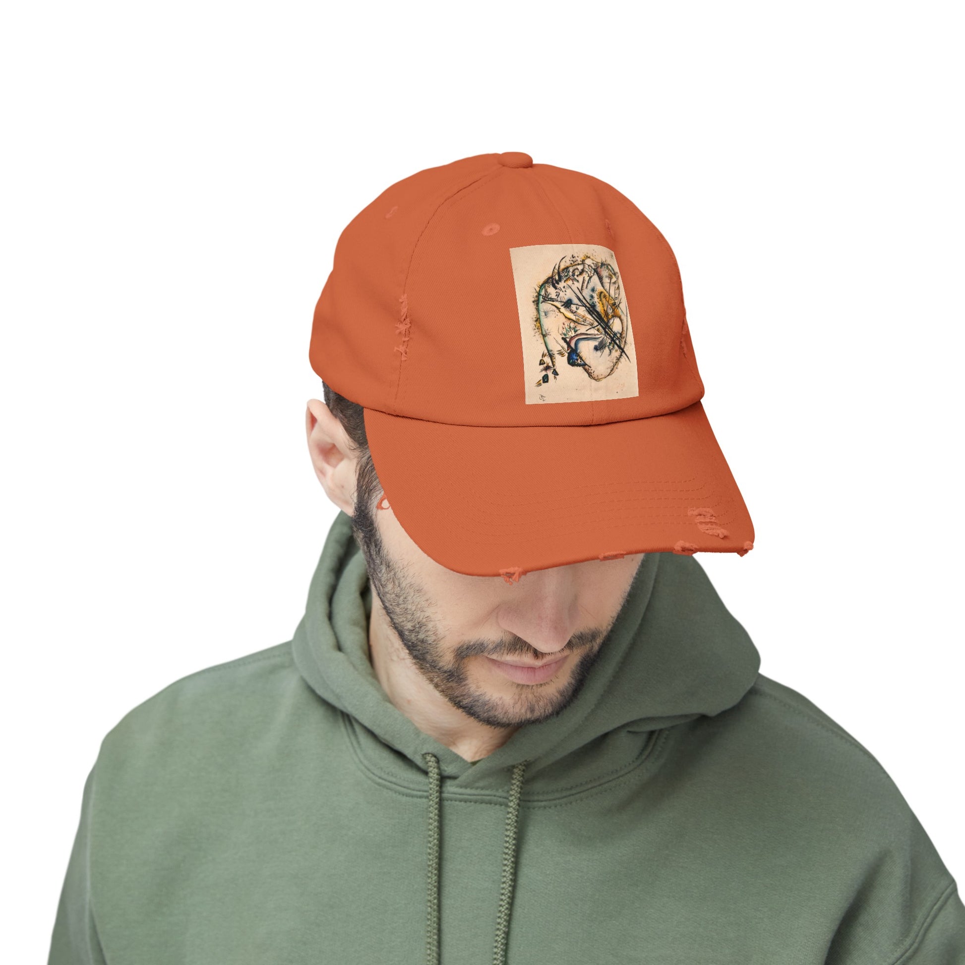a man wearing an orange hat with a picture of a tiger on it