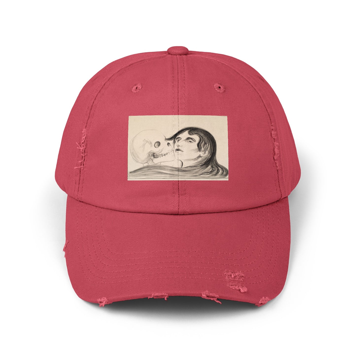 a red hat with a drawing of a woman's face on it