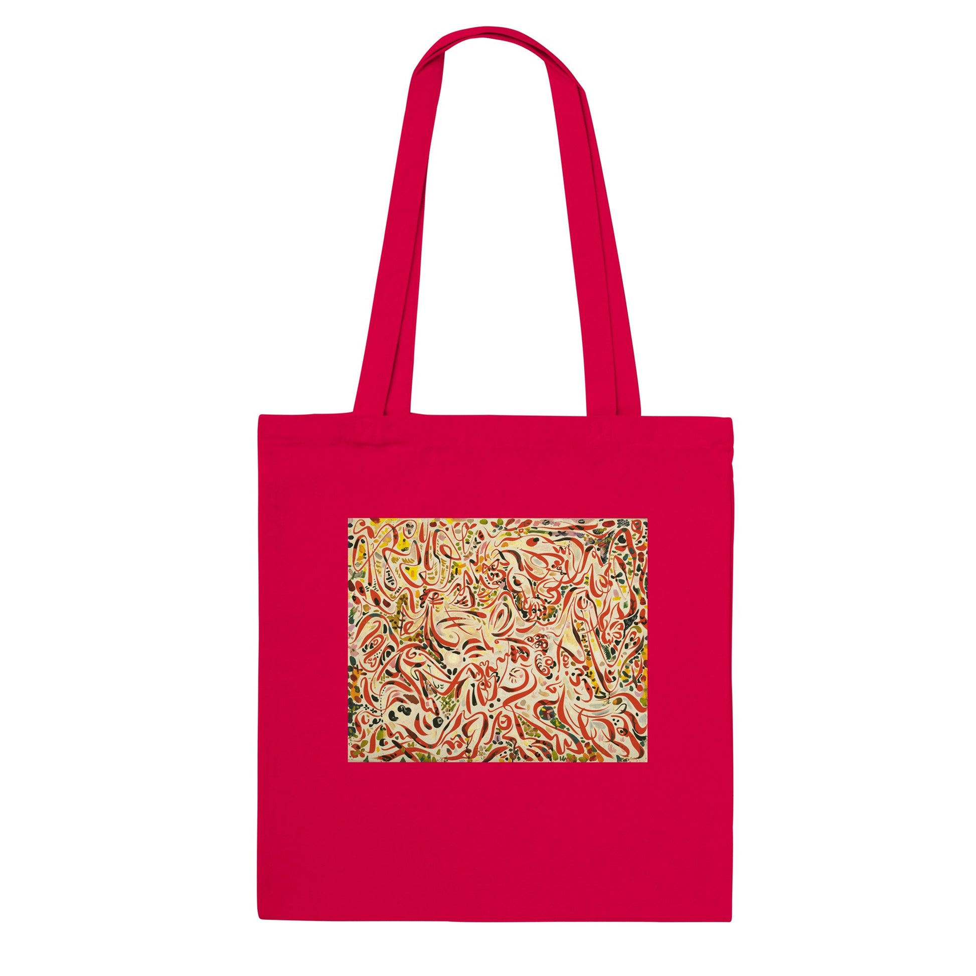 a red tote bag with a picture of a bunch of doughnuts