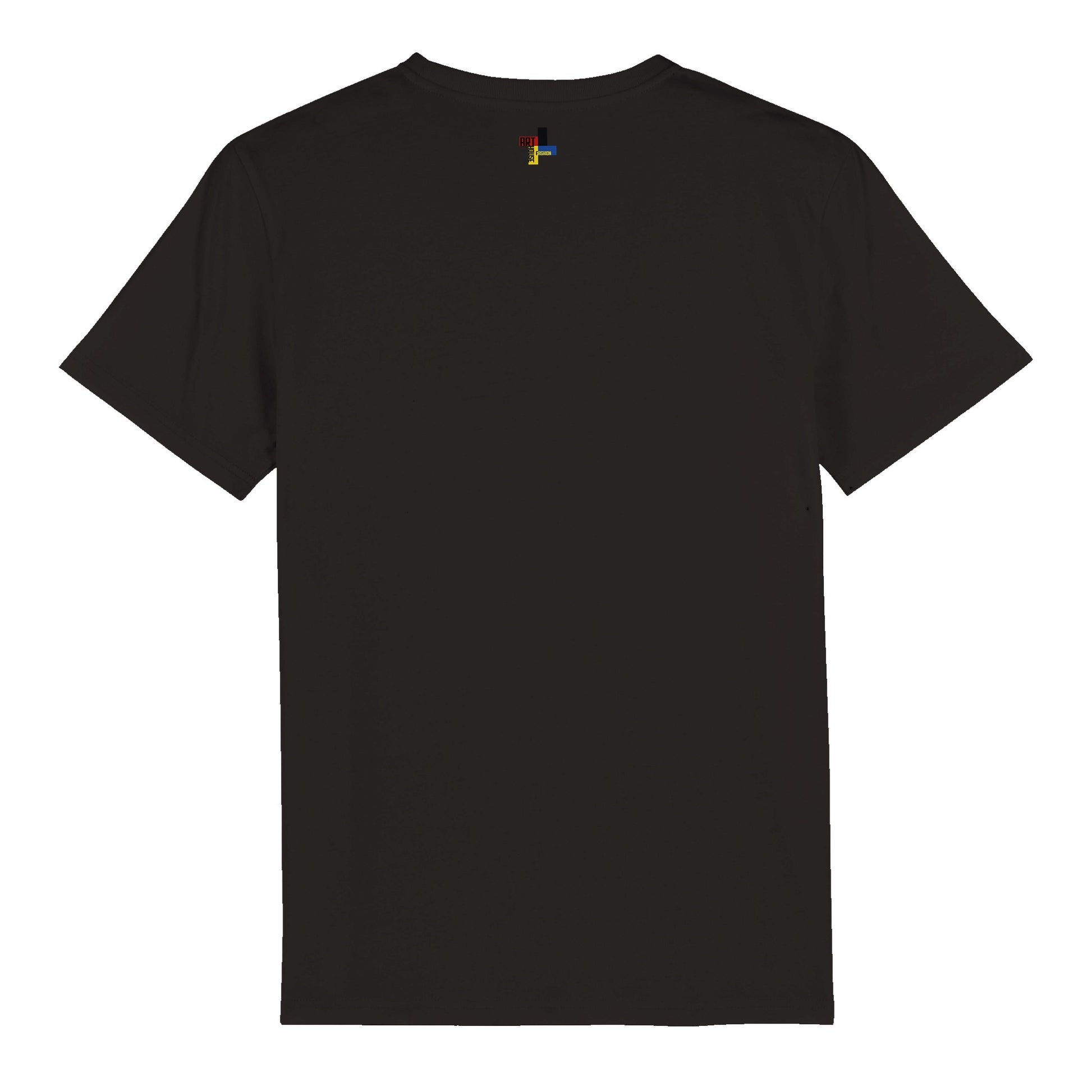 a black t - shirt with a rainbow logo on the chest
