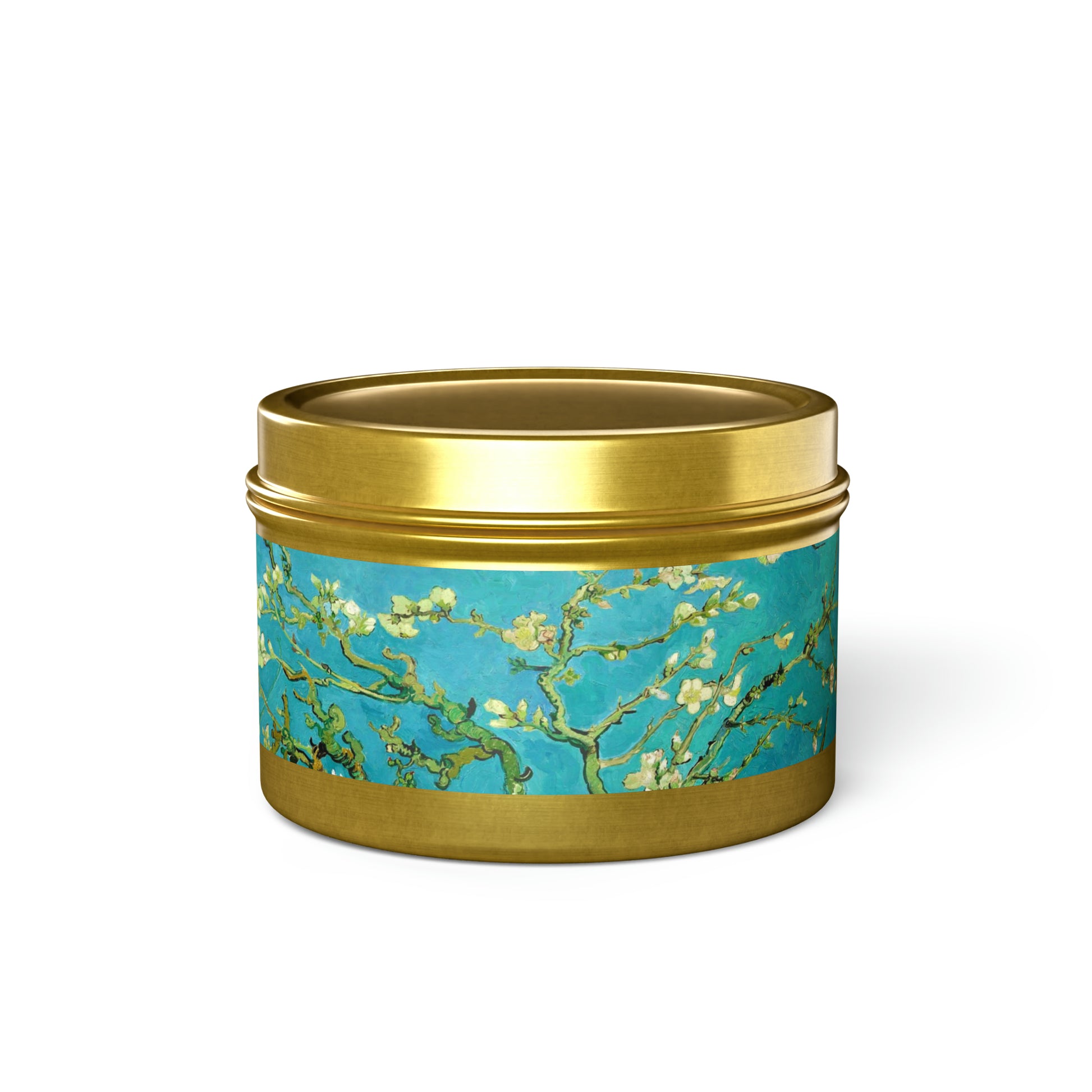 a blue and gold canister with a painting on it