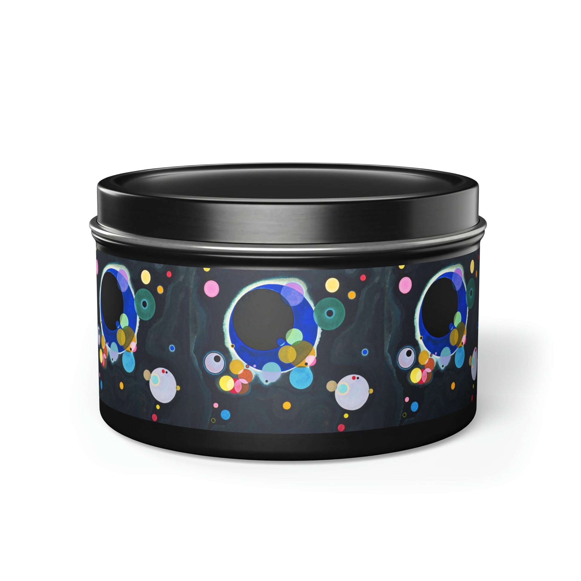a black tin with a colorful design on it