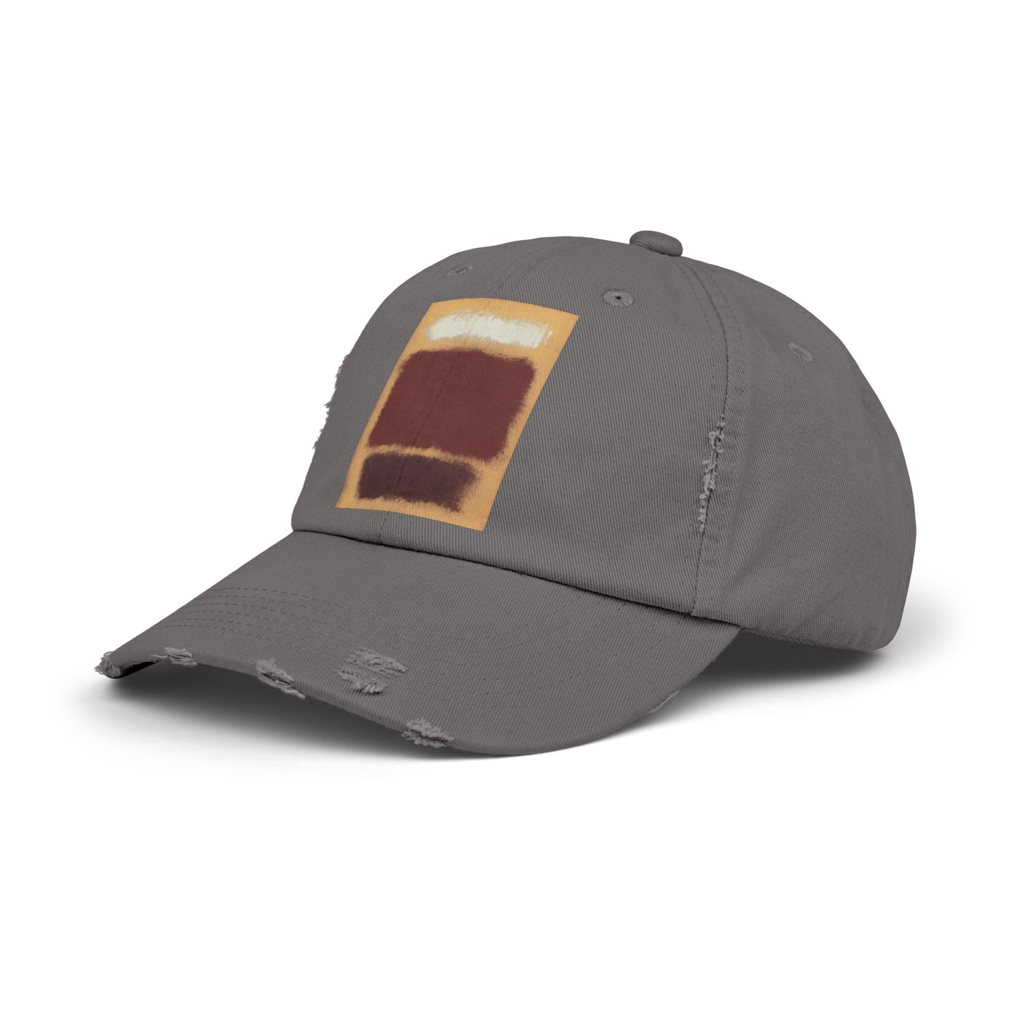 a gray hat with a brown patch on it