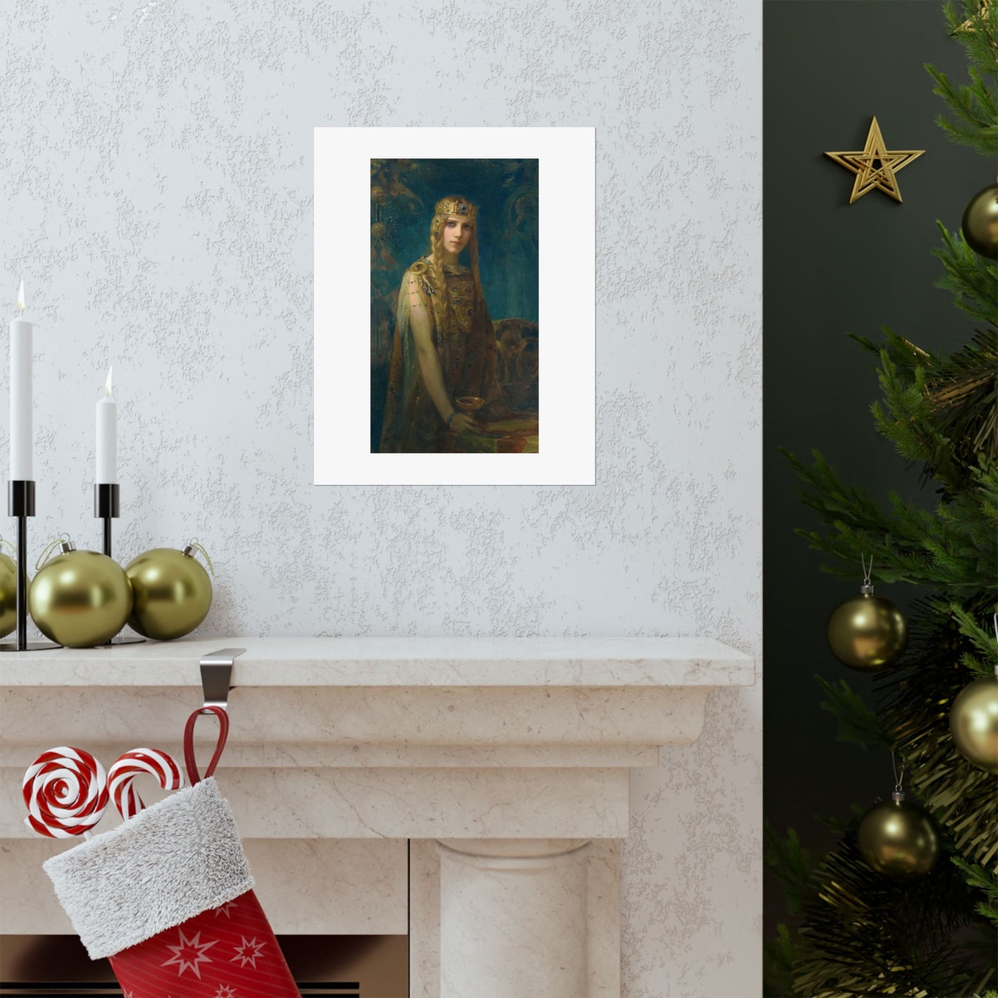 a fireplace with a christmas stocking next to a christmas tree