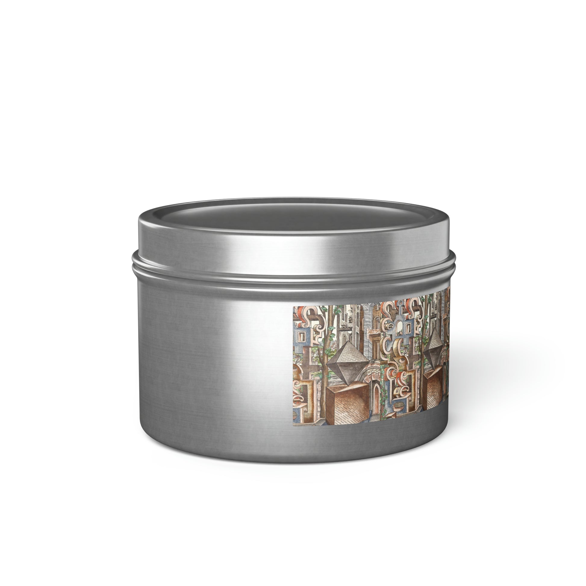 a tin with a painting on the side of it