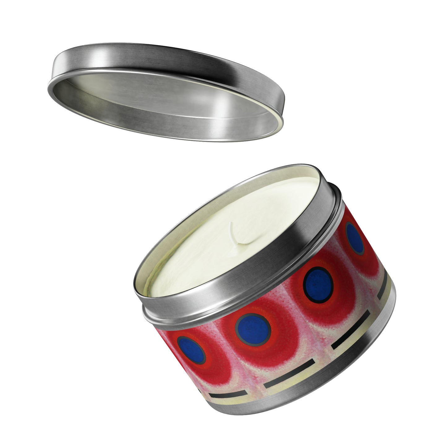 a red and blue tin candle with a lid