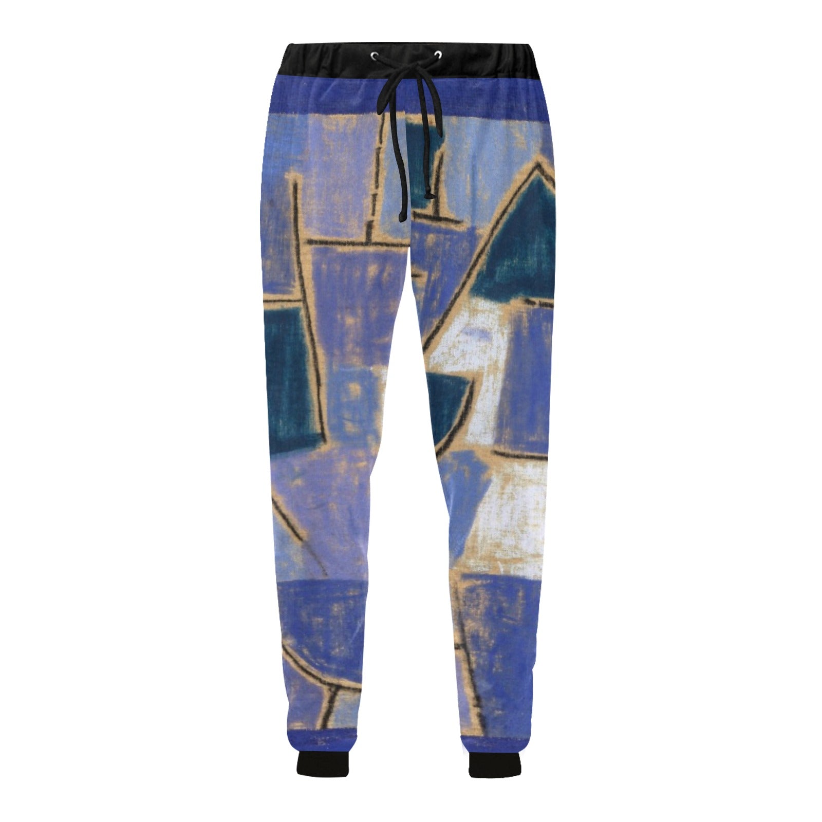 a pair of blue sweatpants with a painting on it