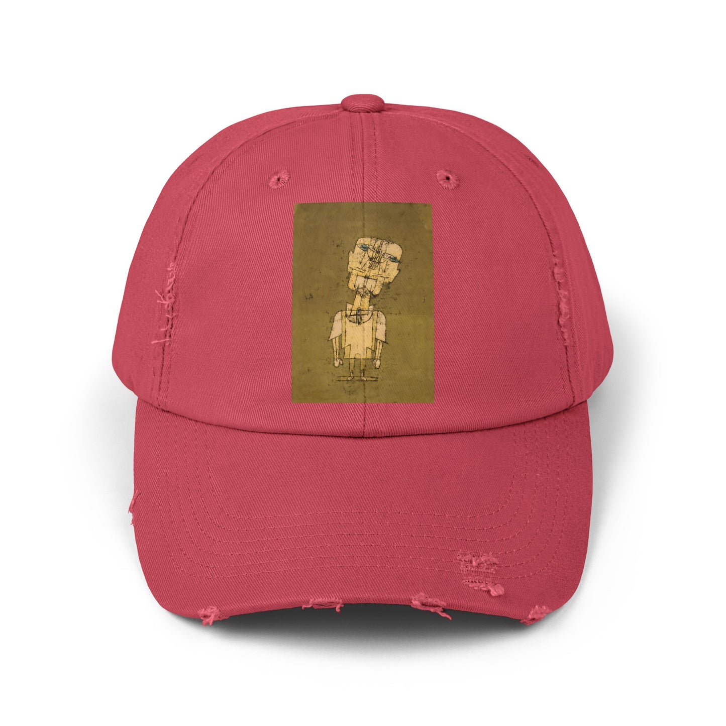 a red baseball cap with a picture of a man on it
