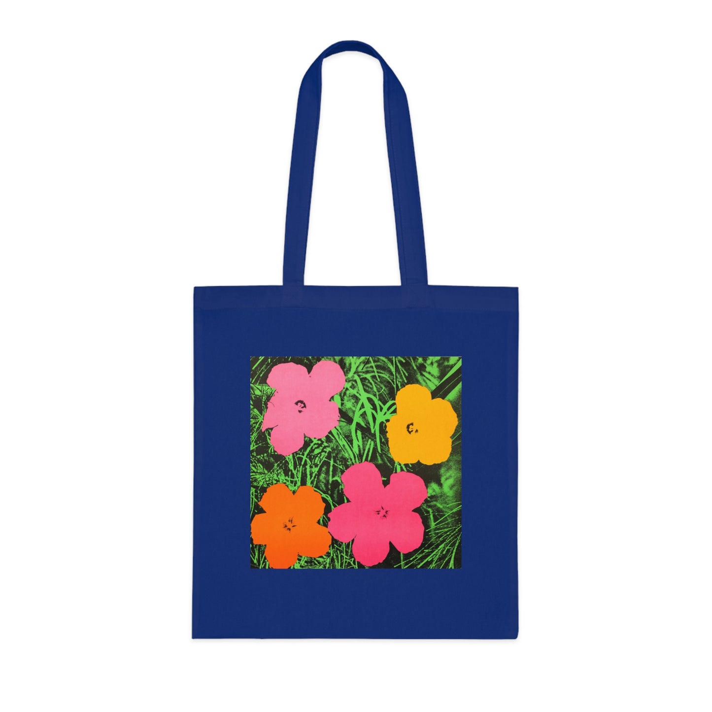 a blue tote bag with colorful flowers on it