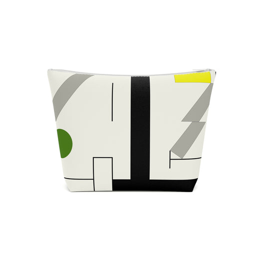 a white bag with a black and yellow design