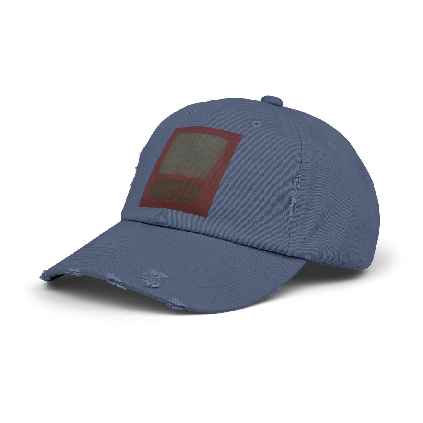 a blue hat with a red patch on the front of it