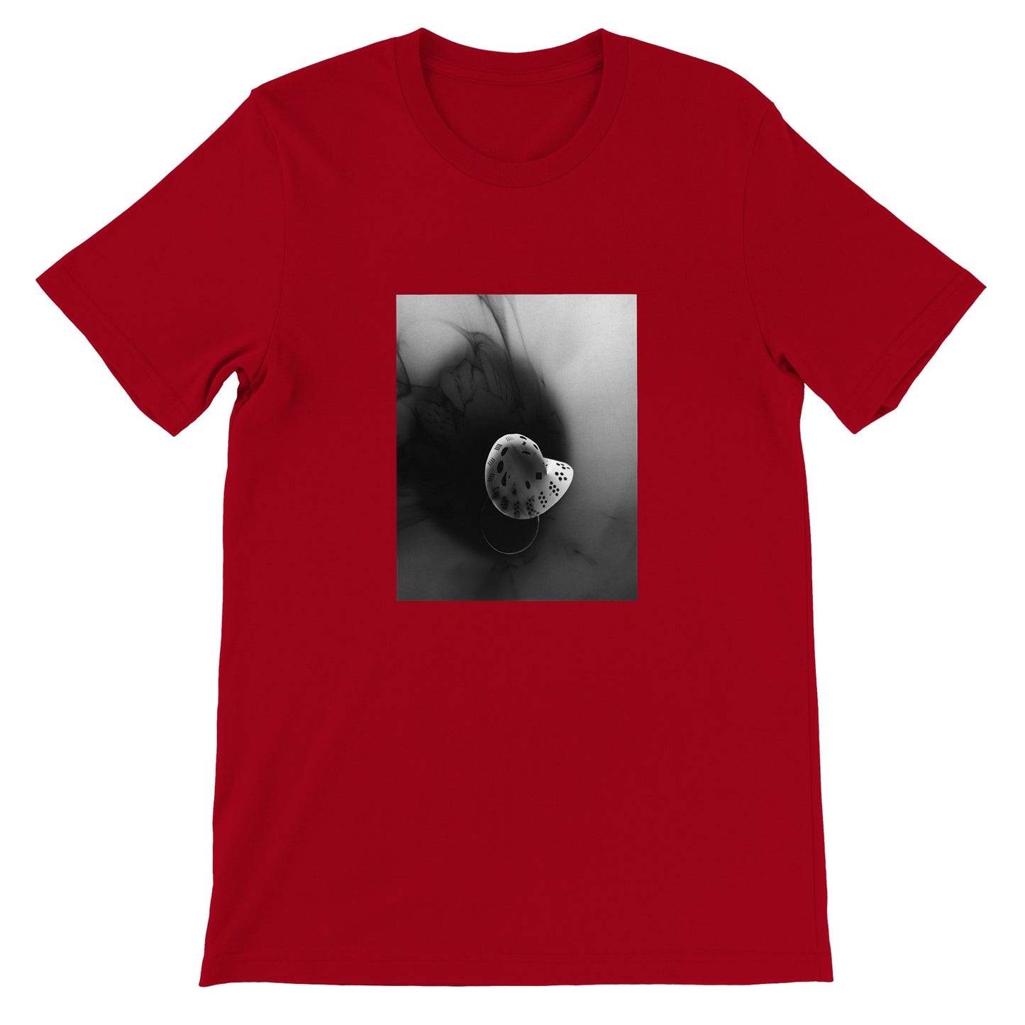 a red t - shirt with a black and white photo of a flower