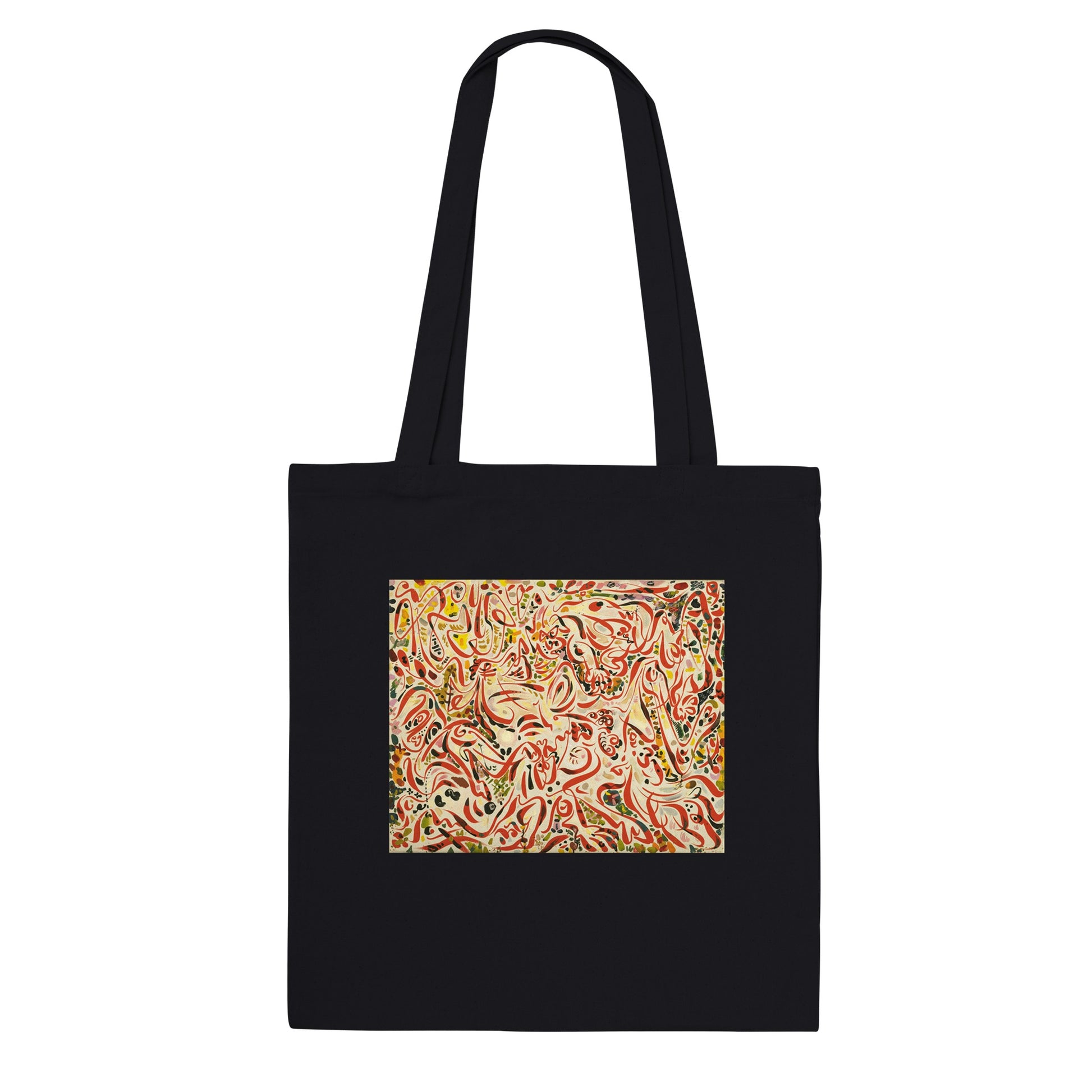 a black tote bag with a picture of swirls on it