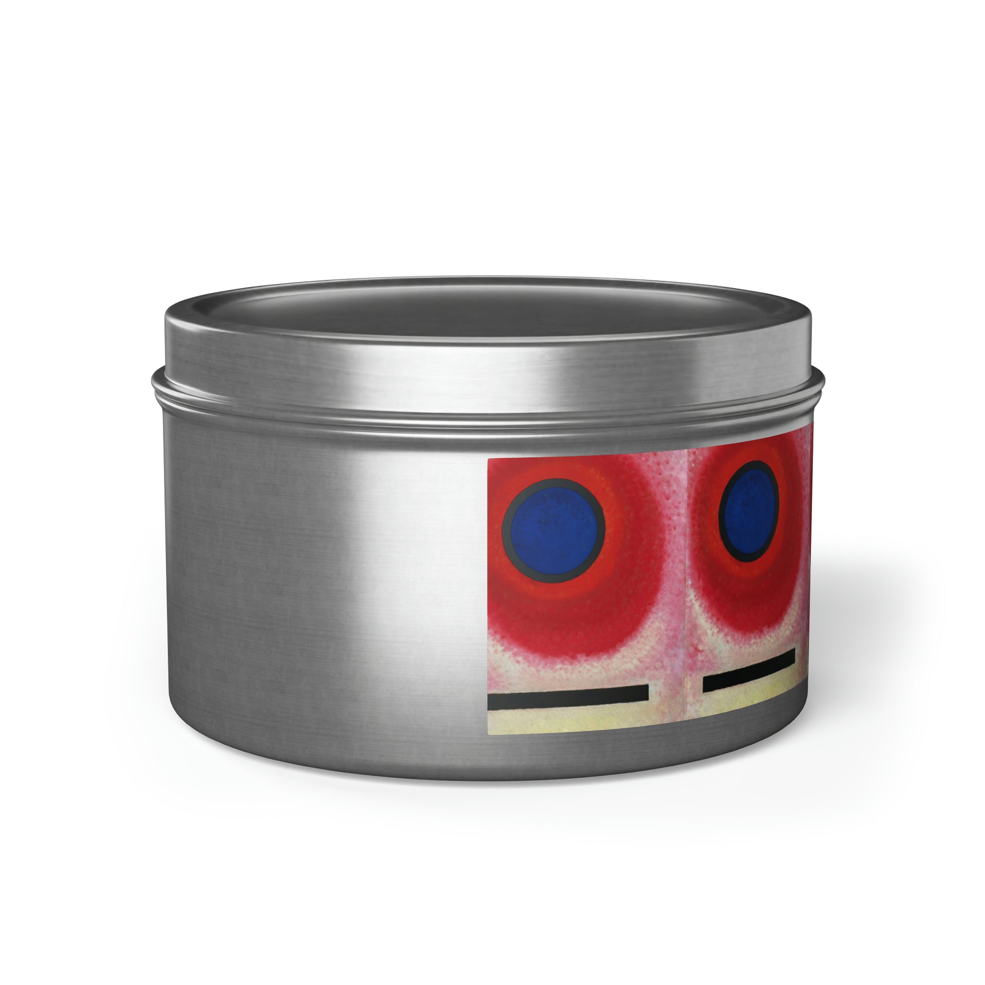 a tin with a red and blue design on it