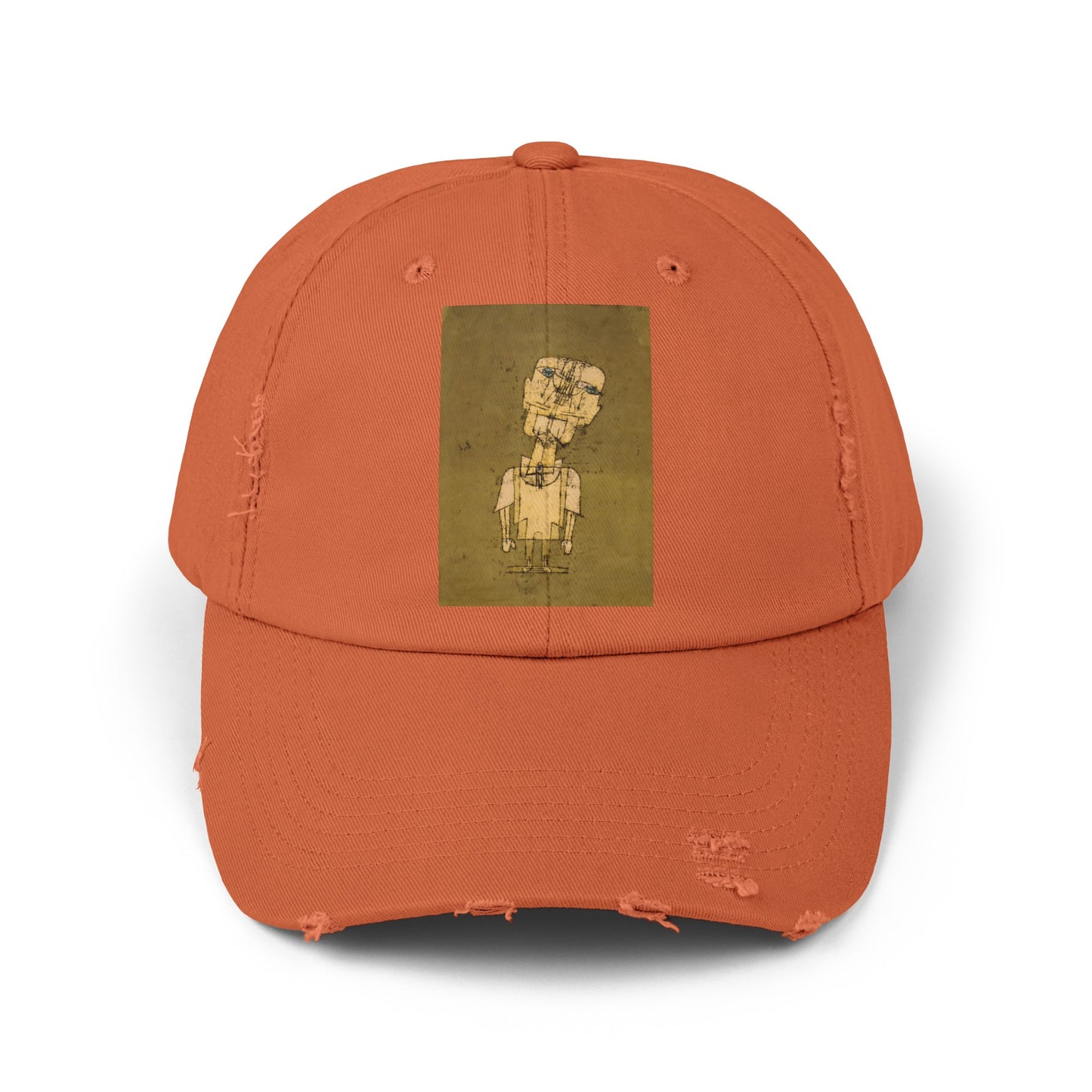 an orange baseball cap with a picture of a man on it