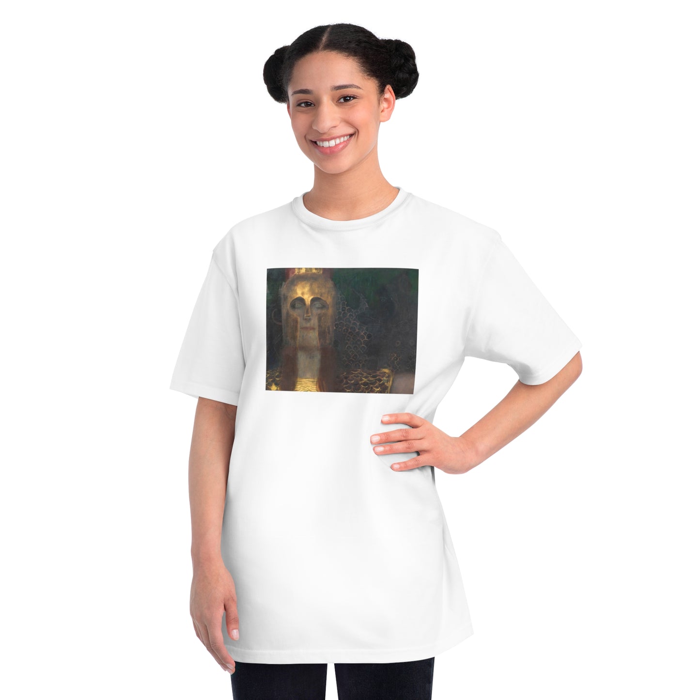 a woman wearing a white t - shirt with a picture of a dog on it