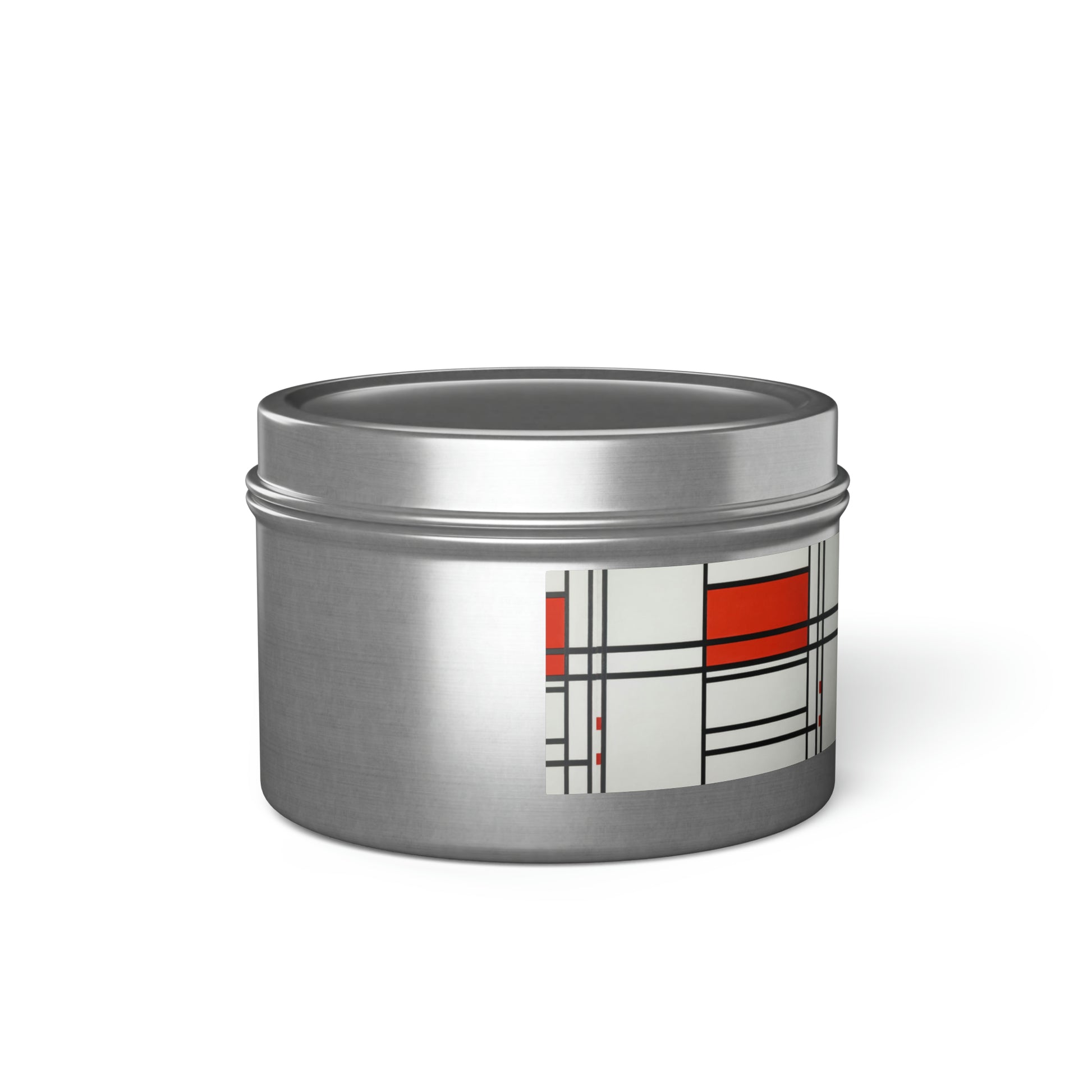 a tin with a red and white design on it