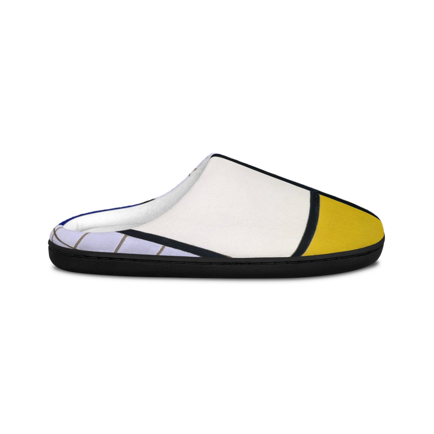 a white and yellow slipper with a black bottom