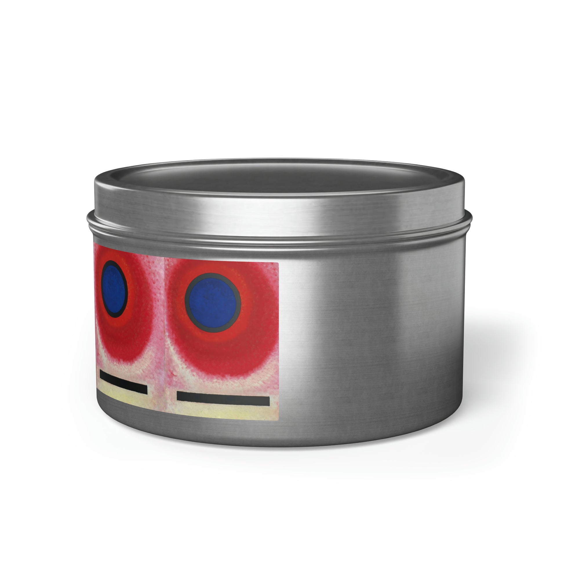 a tin with a red and blue design on it