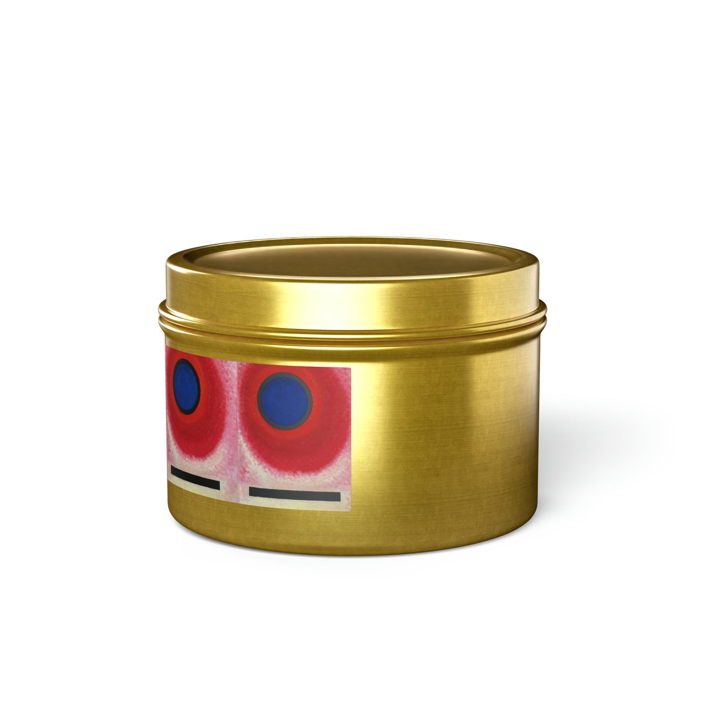 a gold tin with a red and blue design on it