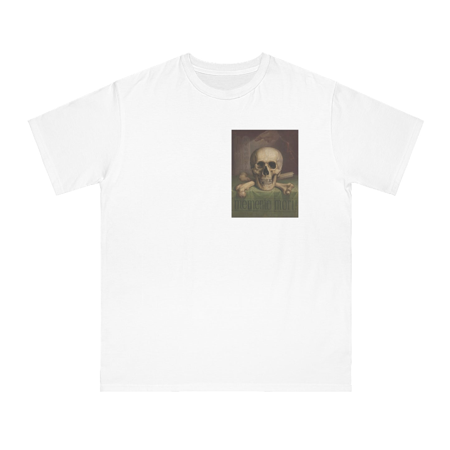 a white t - shirt with a picture of a skeleton
