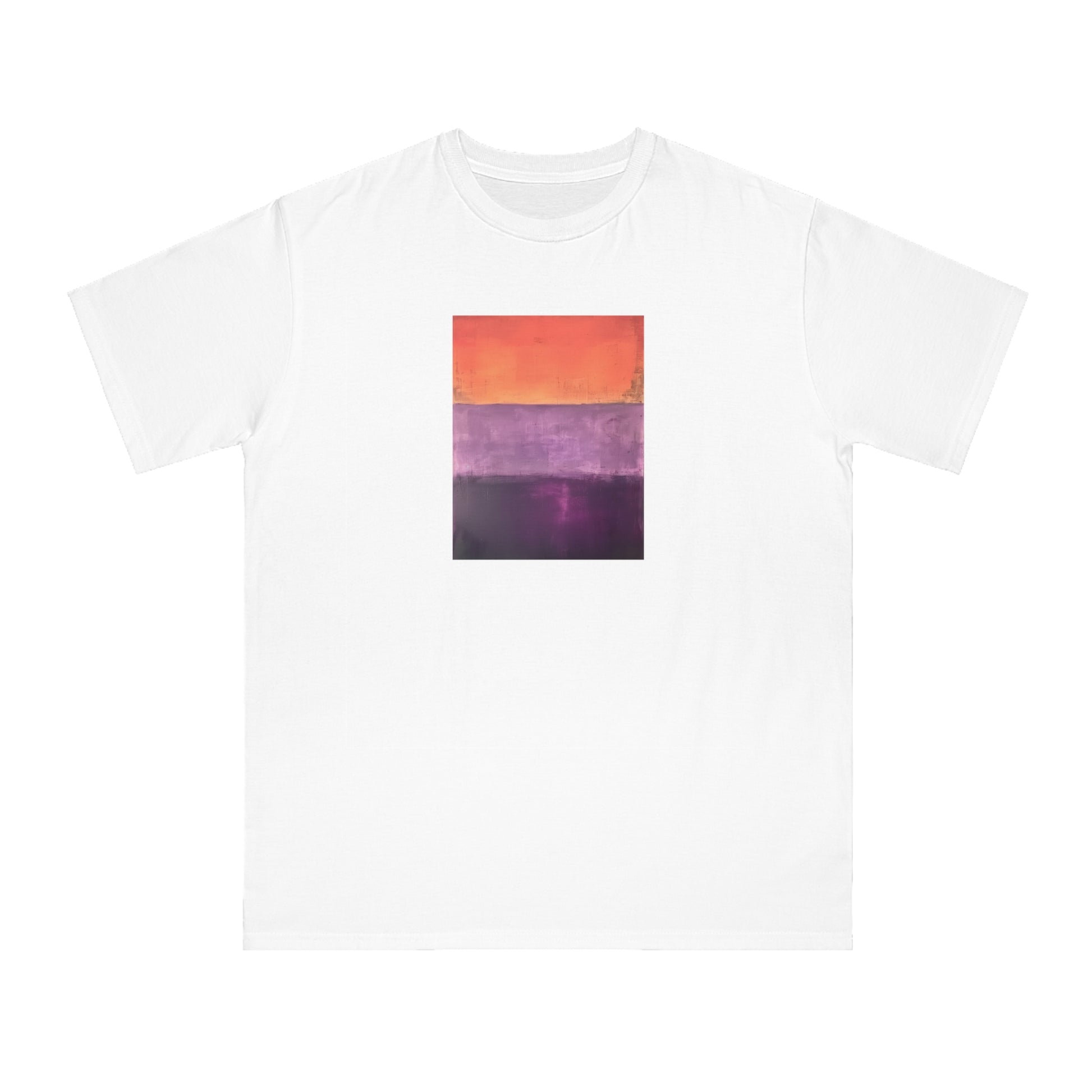 a white t - shirt with an orange and purple painting on it