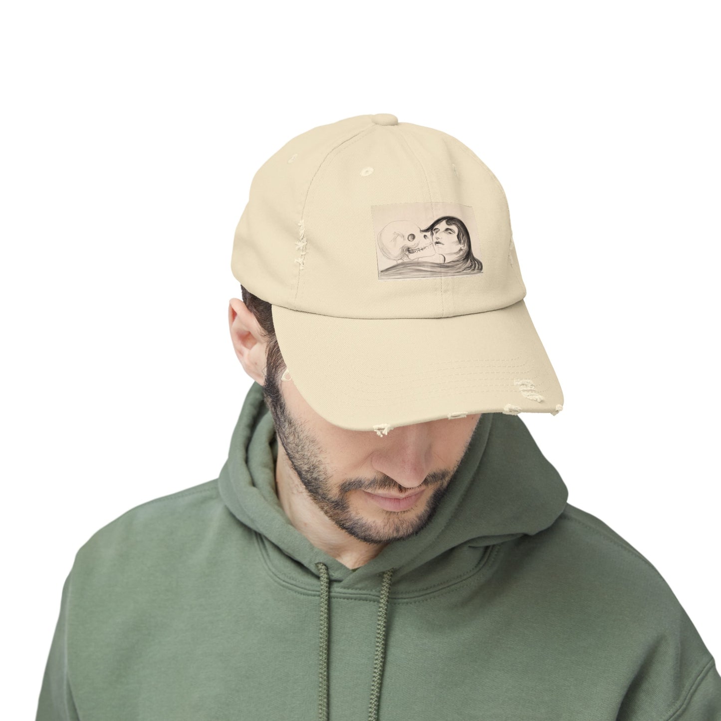 a man wearing a hat with a picture of a cat on it