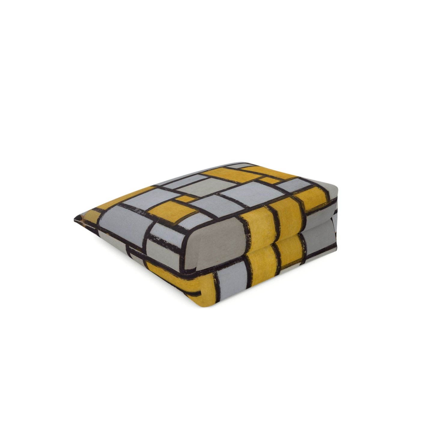 a yellow and gray blanket sitting on top of a white floor