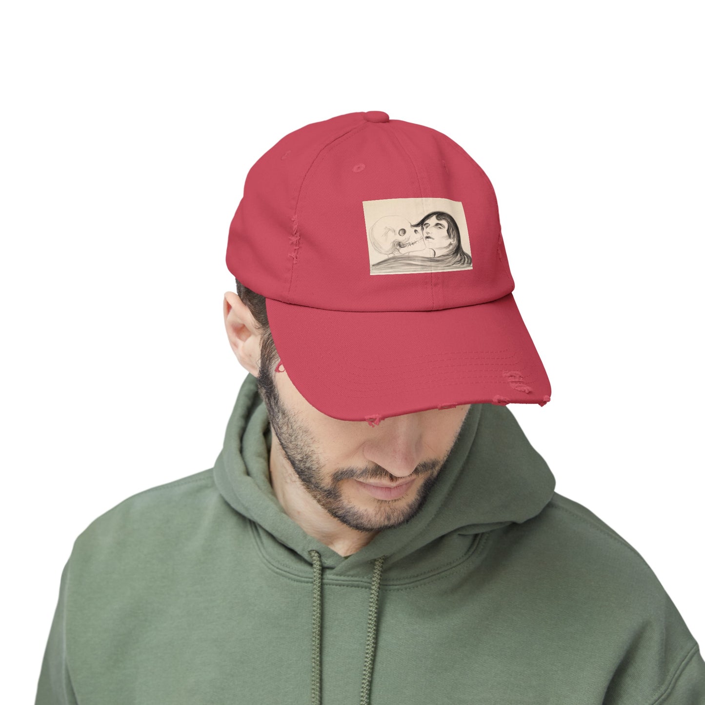 a man wearing a red hat with a picture on it