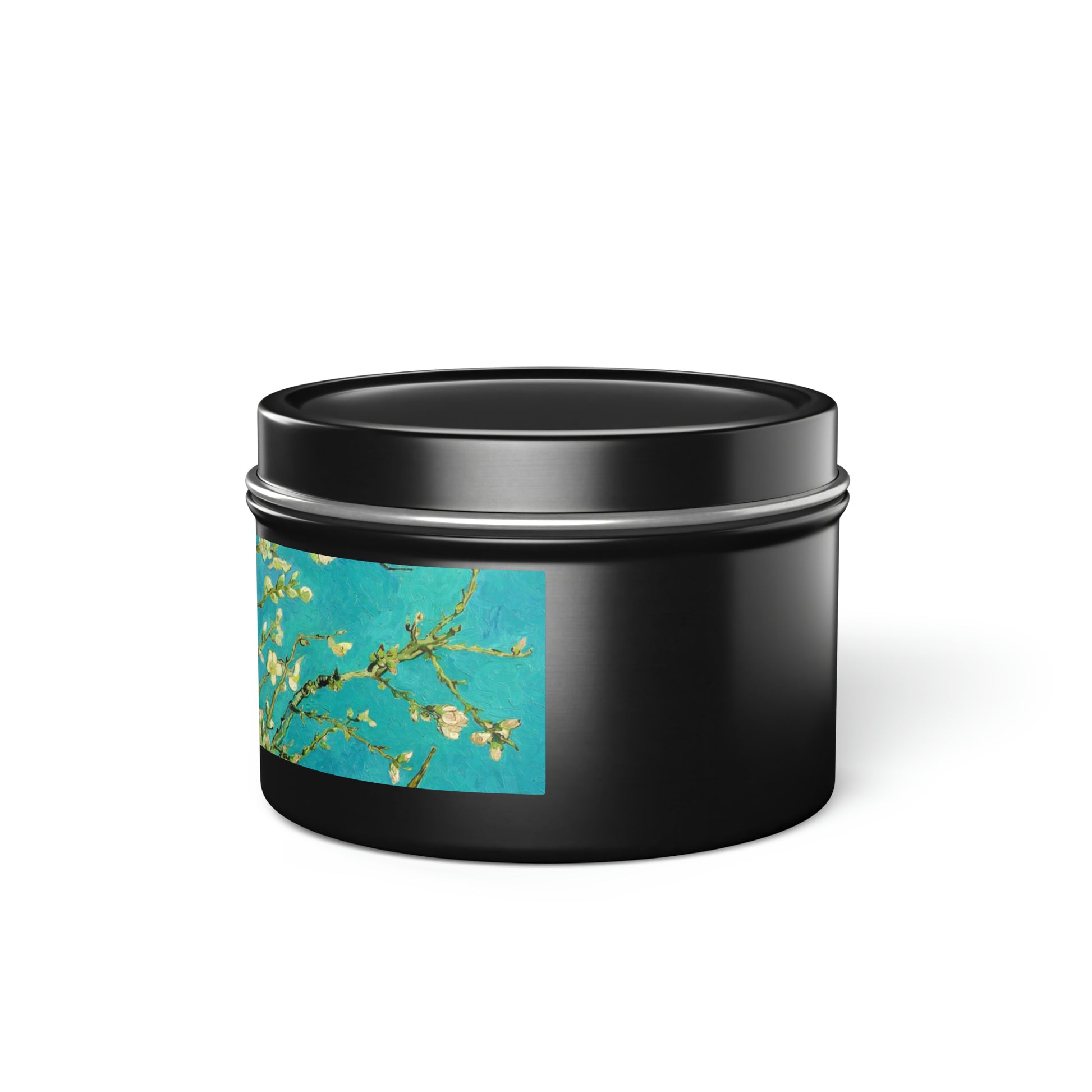 a black container with a picture of a flower on it