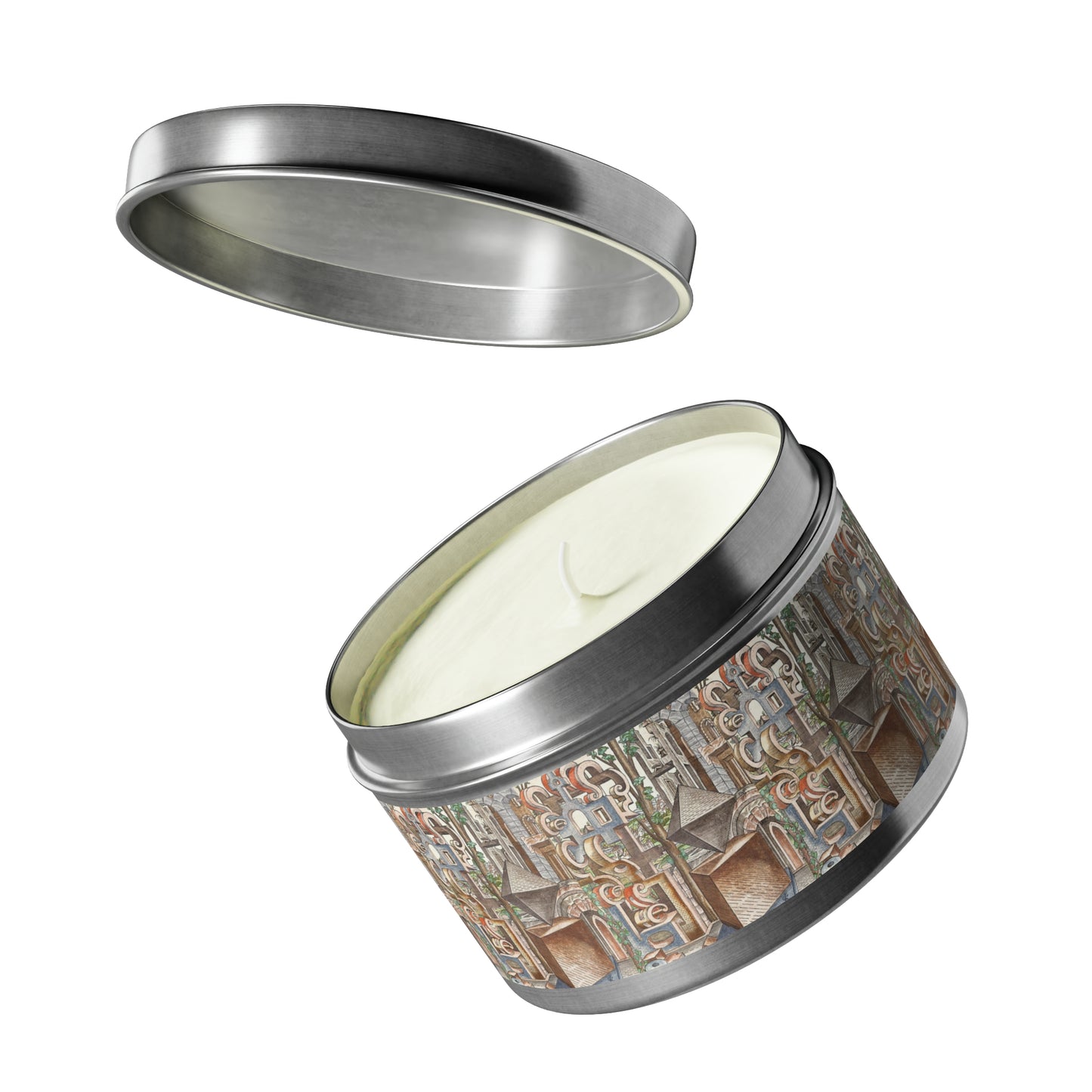 a tin with a candle inside of it