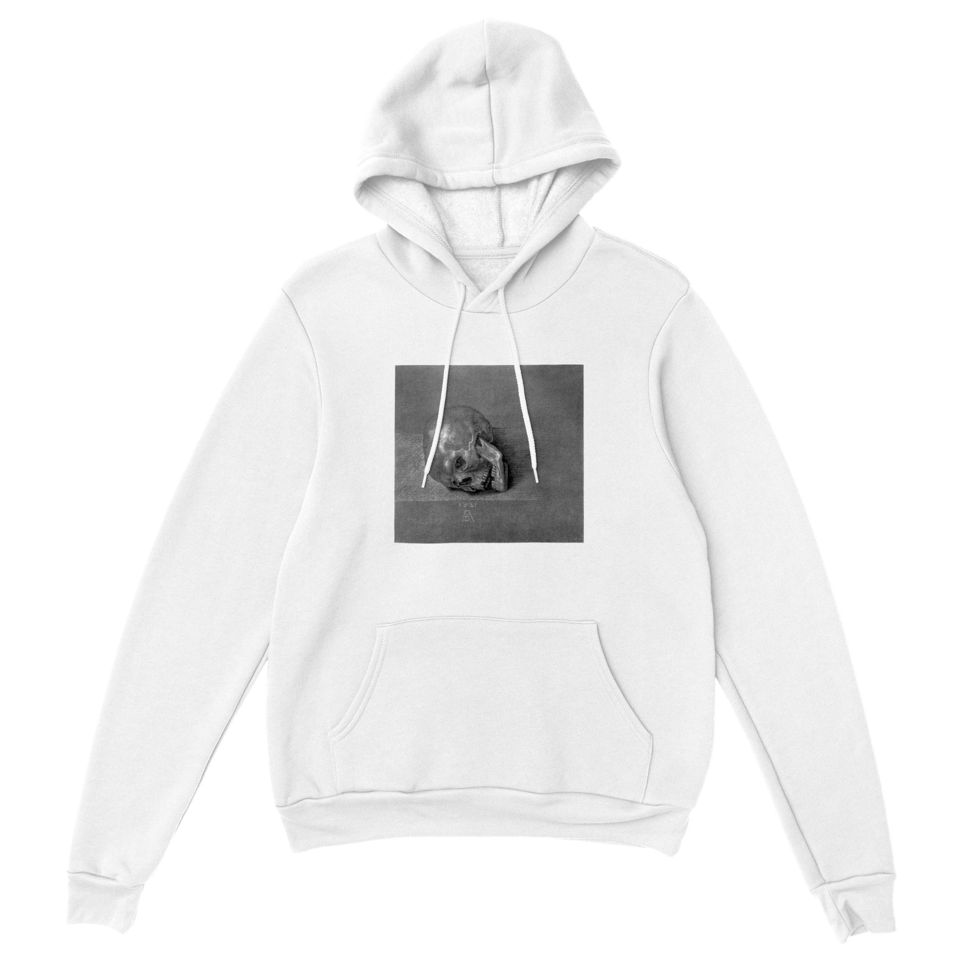 a white hoodie with a picture of a skull