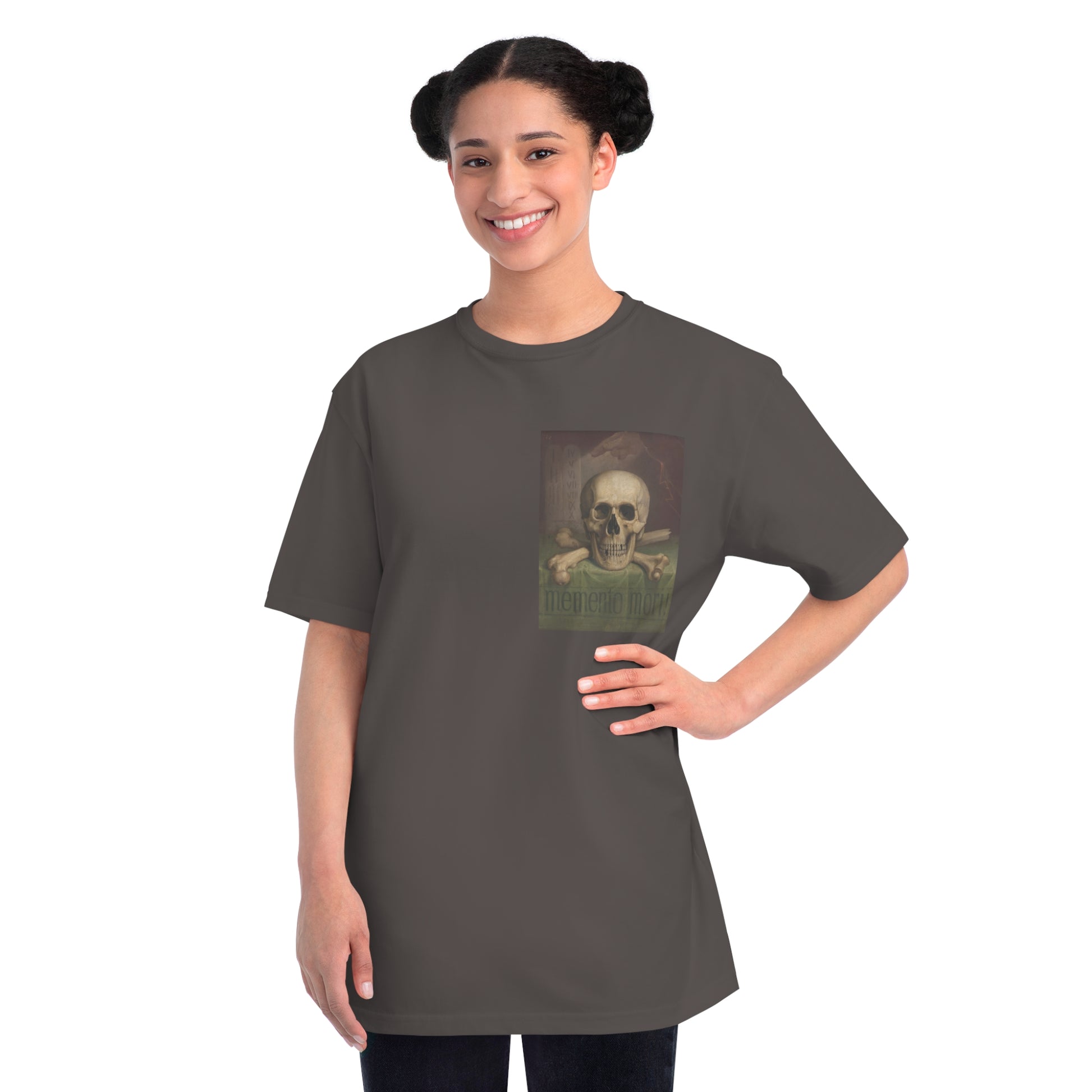 a woman wearing a t - shirt with a picture of a skeleton on it
