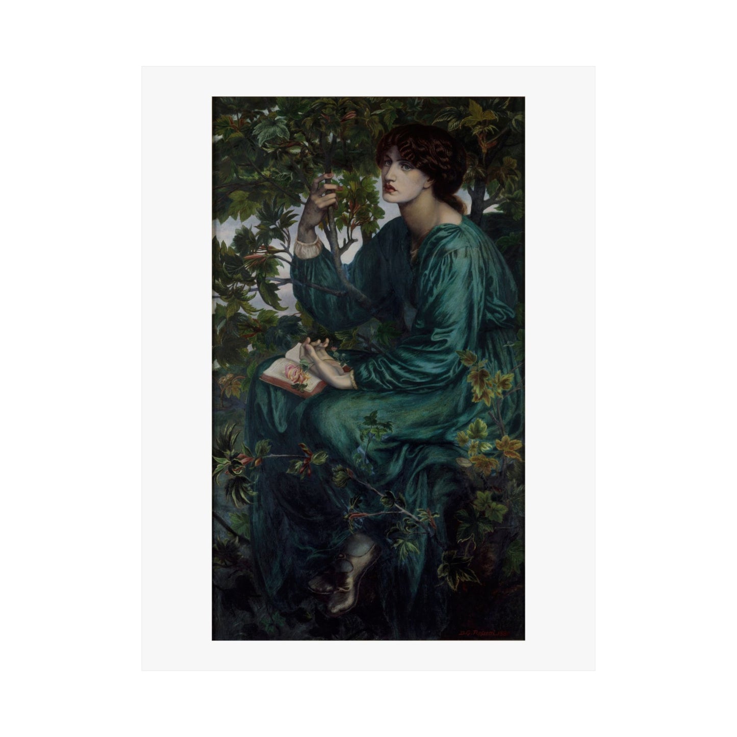 a painting of a woman sitting in a tree