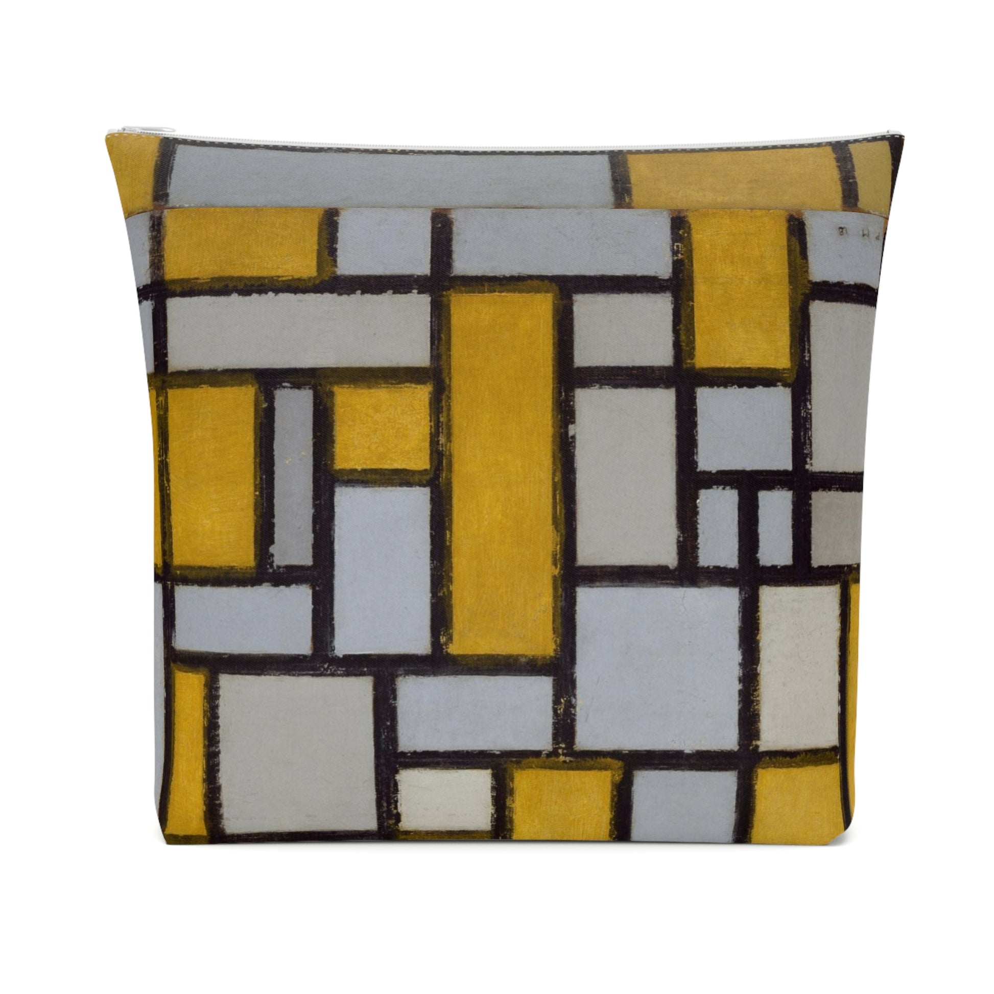 a yellow and white pillow with a pattern on it