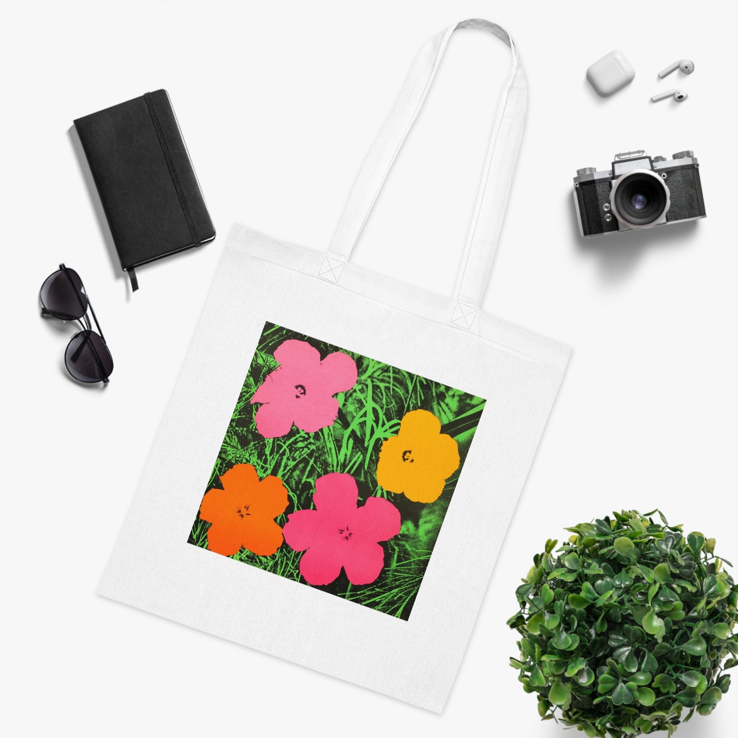 a tote bag with a picture of flowers on it