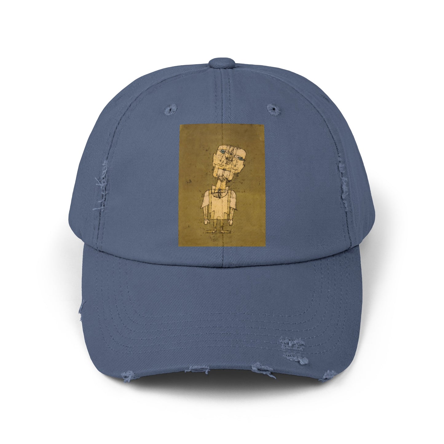a blue baseball cap with a picture of a man on it