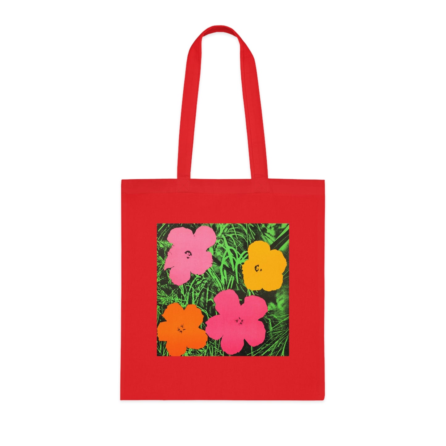 a red tote bag with flowers on it