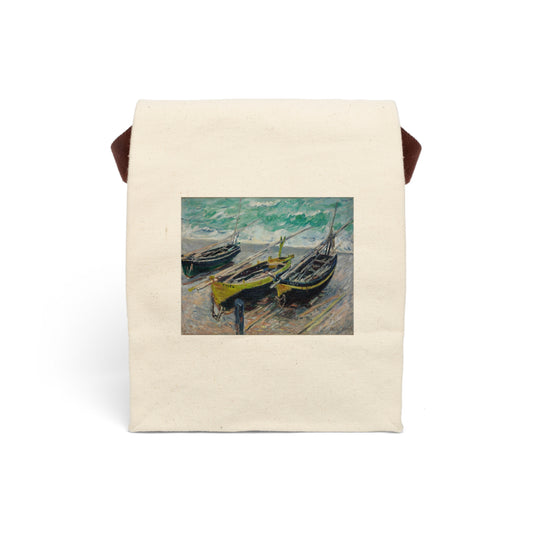 CLAUDE MONET - THREE FISHING BOATS - COTTON CANVAS LUNCH BAG WITH STRAP