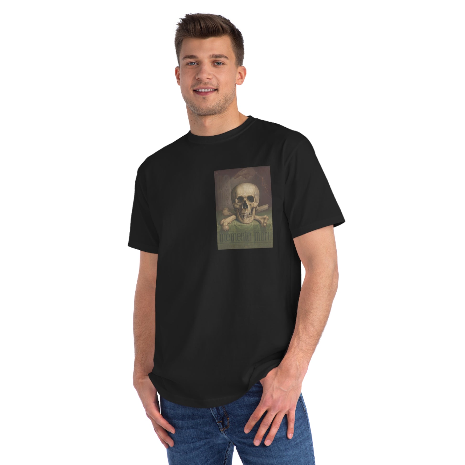 a man wearing a black t - shirt with a picture of a skull on it