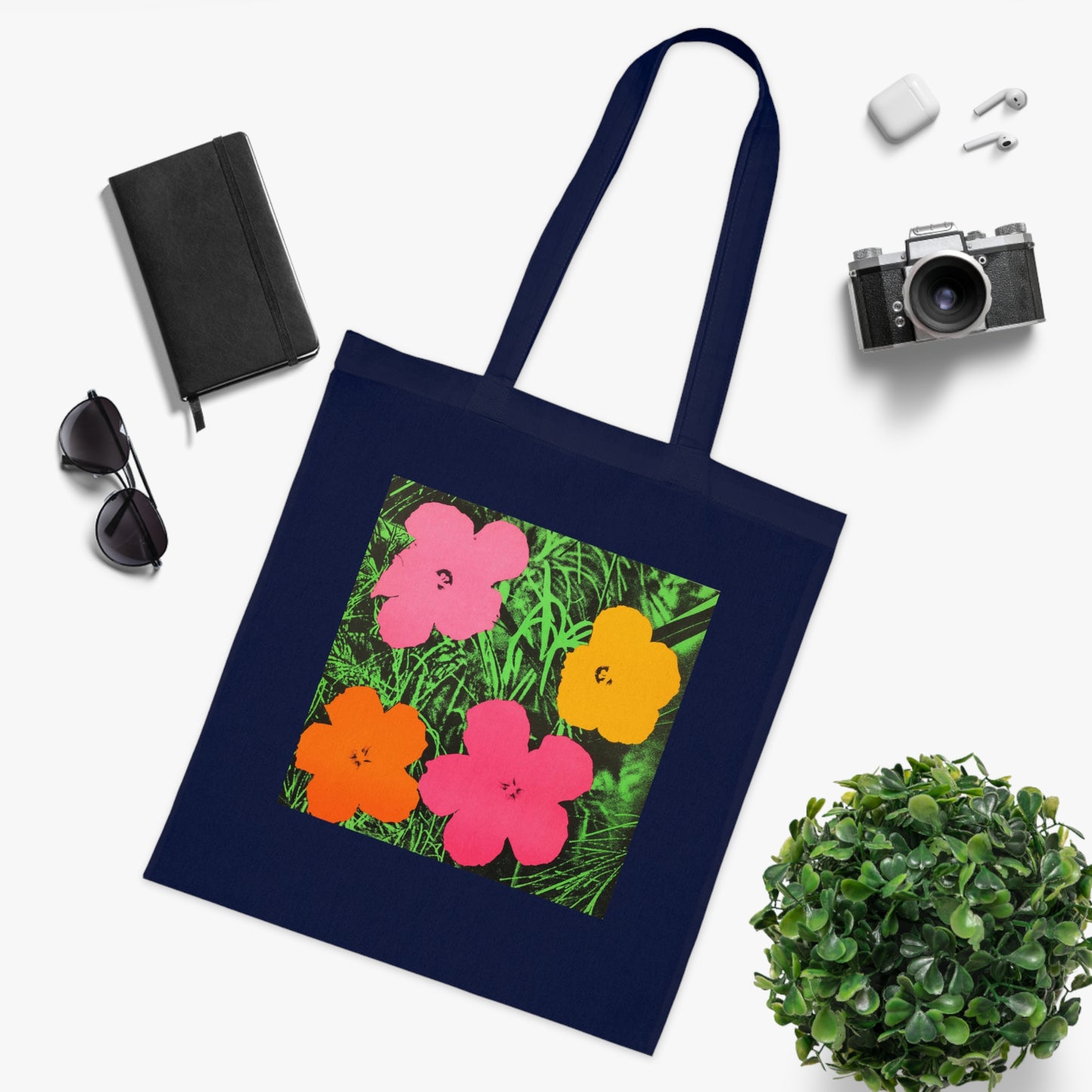 a tote bag with a picture of flowers on it