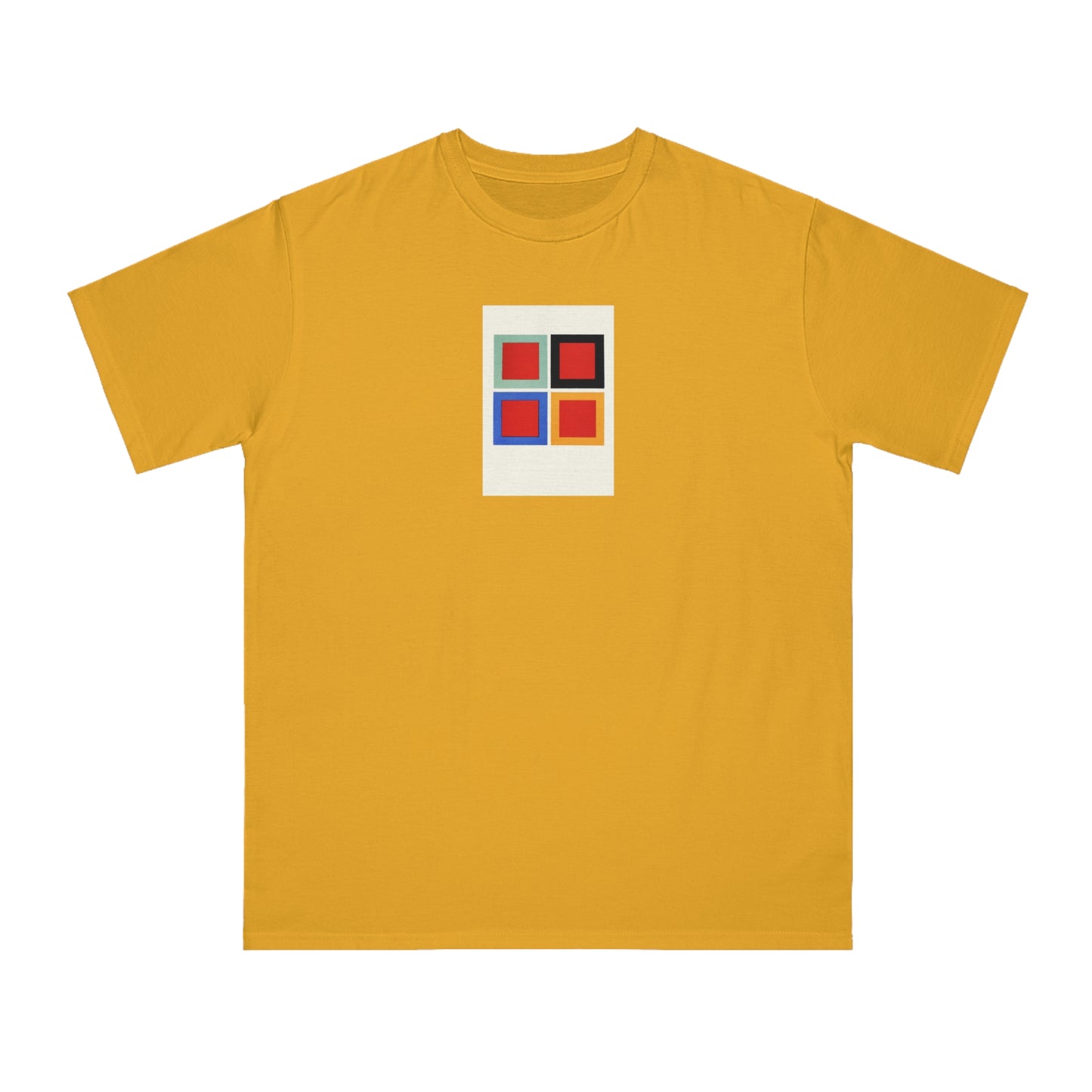 a yellow t - shirt with a red and blue square on it