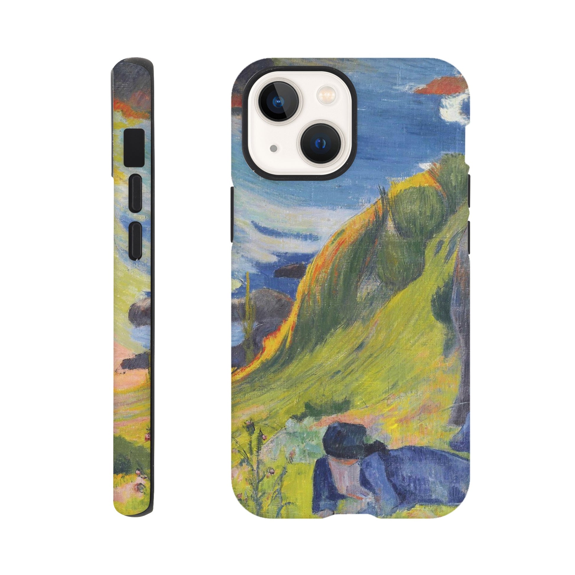 a phone case with a painting of a mountain scene