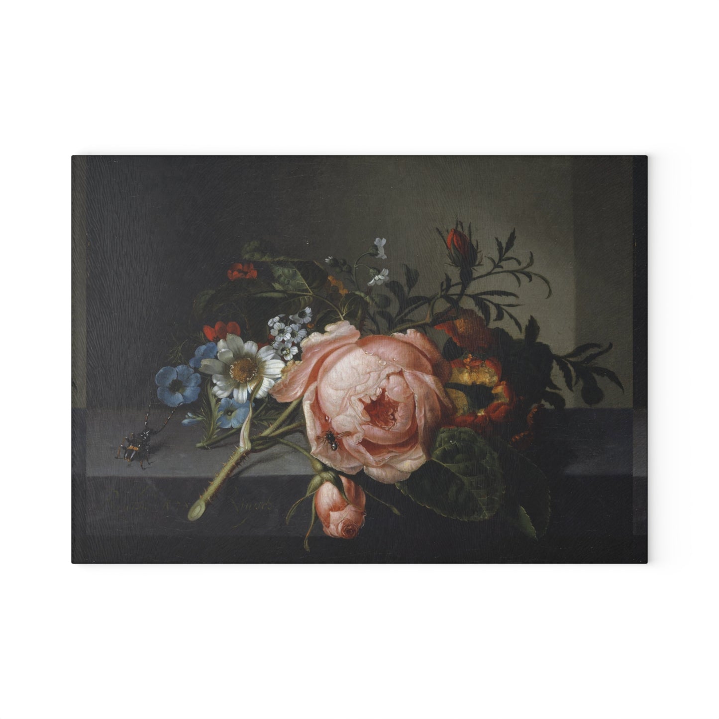 RACHEL RUYSCH - STILL LIFE WITH ROSE BRANCH, BEETLE AND BEE - ART GLASS CUTTING BOARD