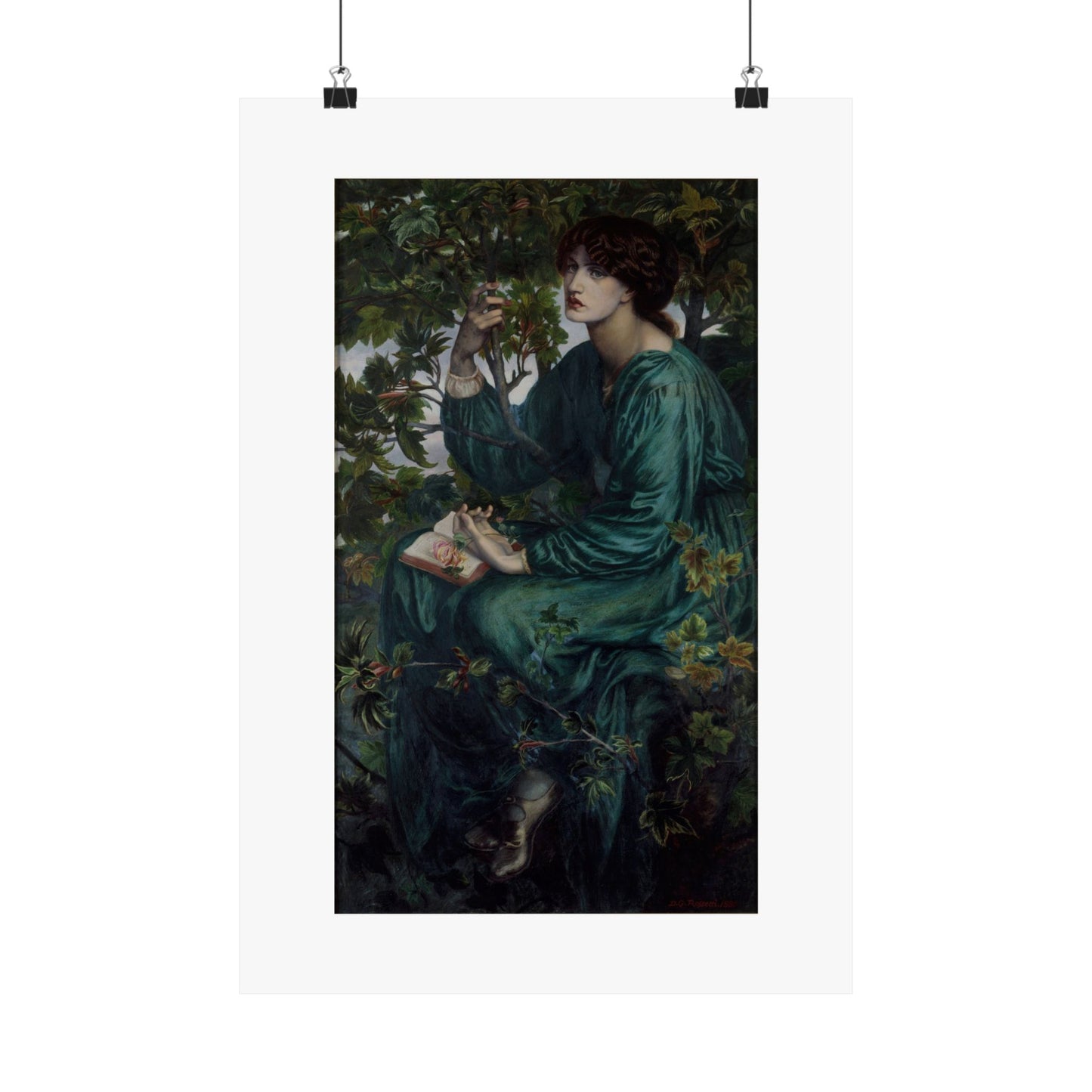 a painting of a woman sitting on a tree branch